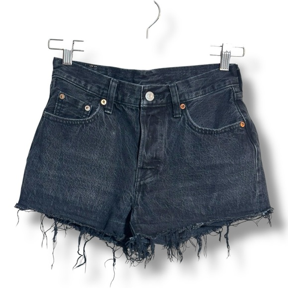 Levi’s 501 Classic Black Denim Distressed Frayed Raw Hem Jean Short Shorts - Picture 5 of 14